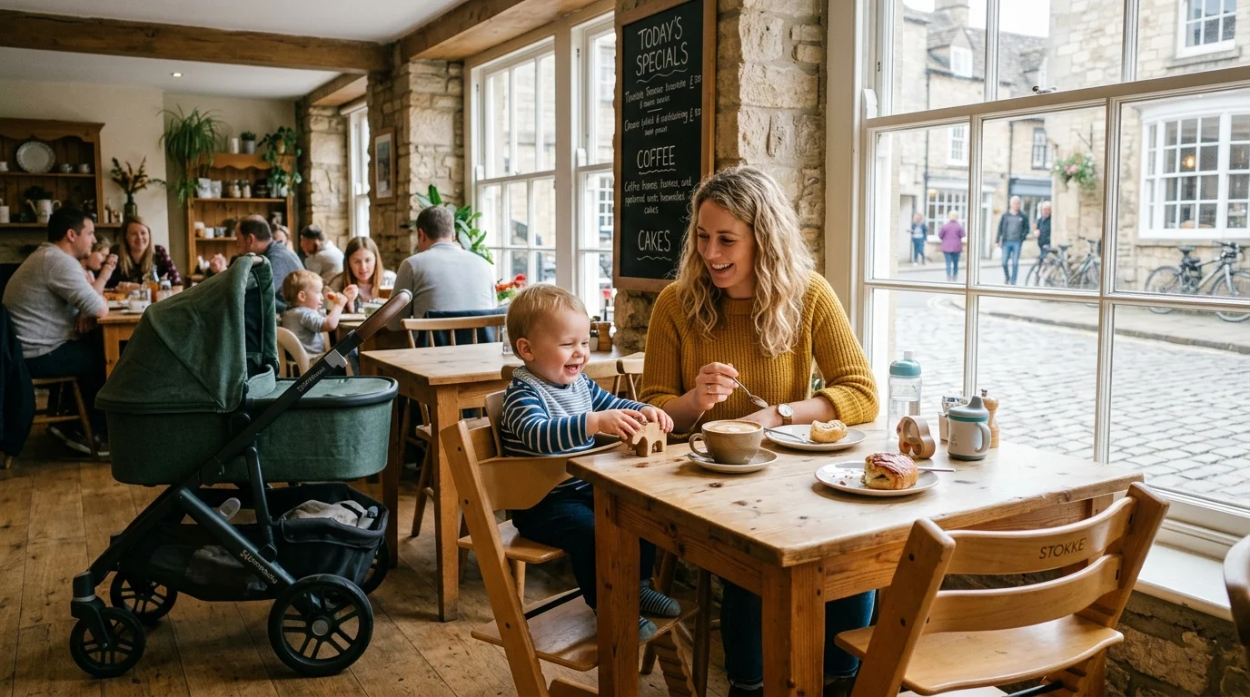Parent and toddler enjoying a family-friendly cafe stop in Bicester with pushchair space