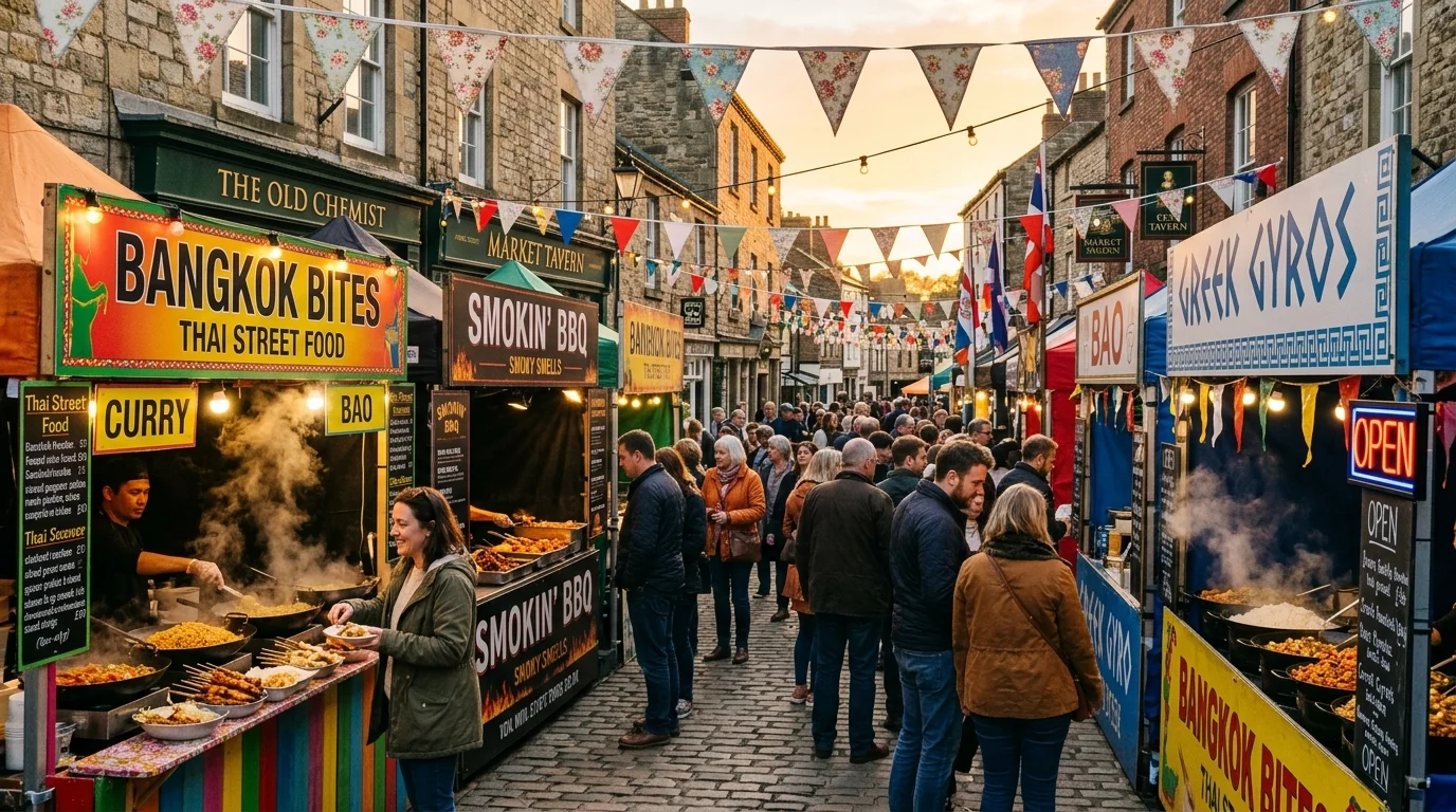 Street food stalls with steaming dishes at an outdoor market in Bicester town centre