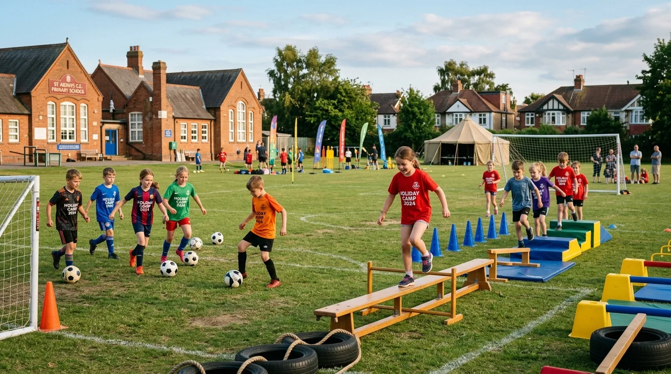 Children participating in a summer sports and holiday activity camp on school playing fields in Bicester