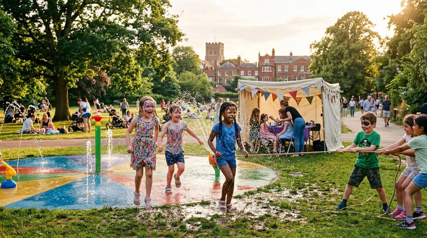 Children enjoying outdoor summer holiday activities in a Bicester park