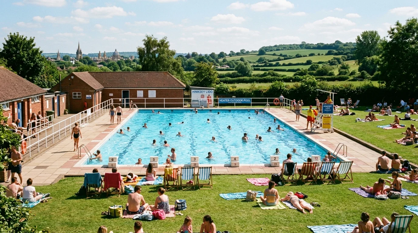 Outdoor lido swimming pool with clear water and sunbathing lawn in Oxfordshire near Bicester