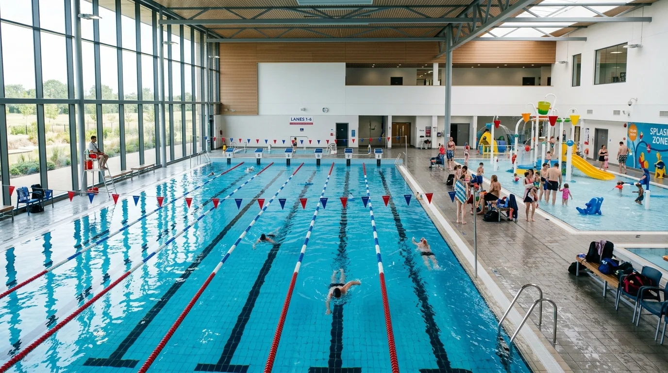 Indoor swimming pool with clear blue water at a leisure centre near Bicester
