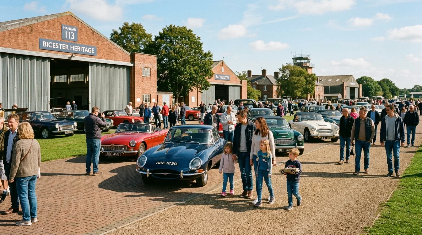 Families and visitors enjoying an afternoon outing at Bicester Heritage historic motoring airfield