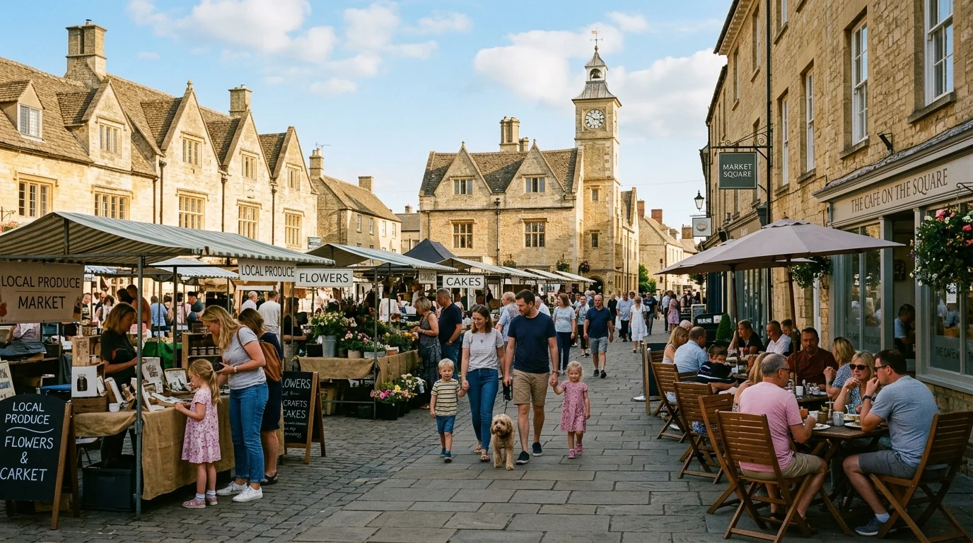 Families enjoying Market Square on a sunny day in Bicester town centre