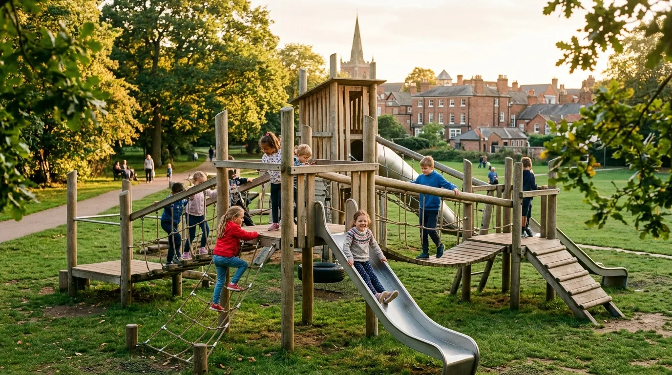 Children playing on a wooden adventure playground in a Bicester park