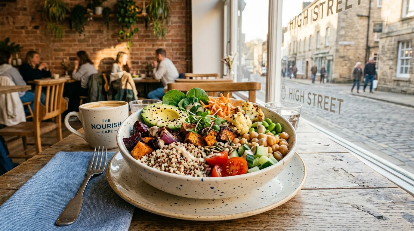 Colourful vegan Buddha bowl at a modern cafe in Bicester