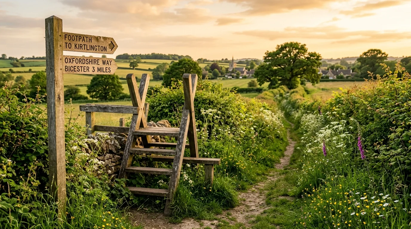 A rustic wooden footpath signpost and stile along a scenic Oxfordshire countryside trail surrounded by green hedgerows and wildflowers near Bicester