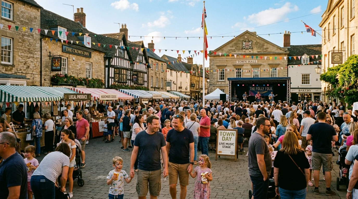 Community event with bunting, stalls and families in Bicester town centre