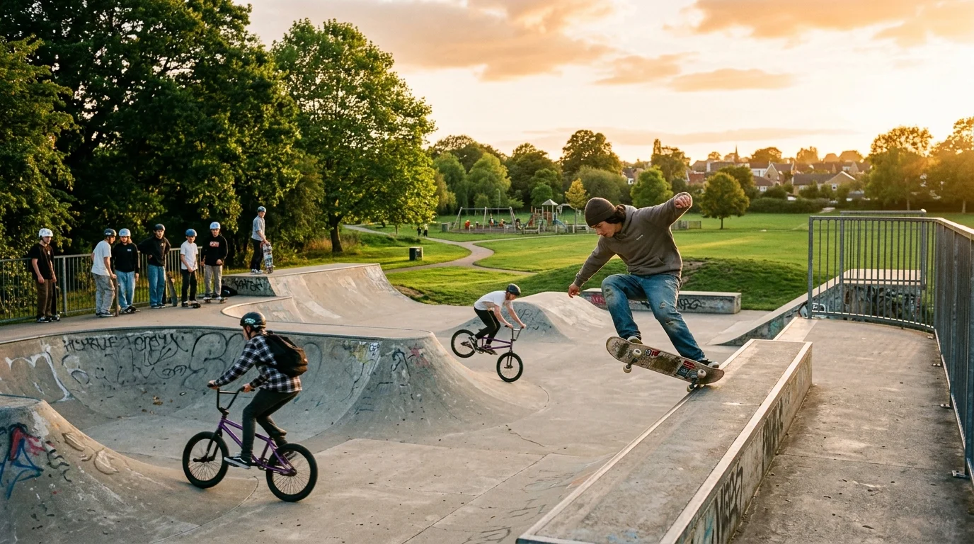 Teenagers riding BMX bikes and skateboards at Garth Park skate park in Bicester