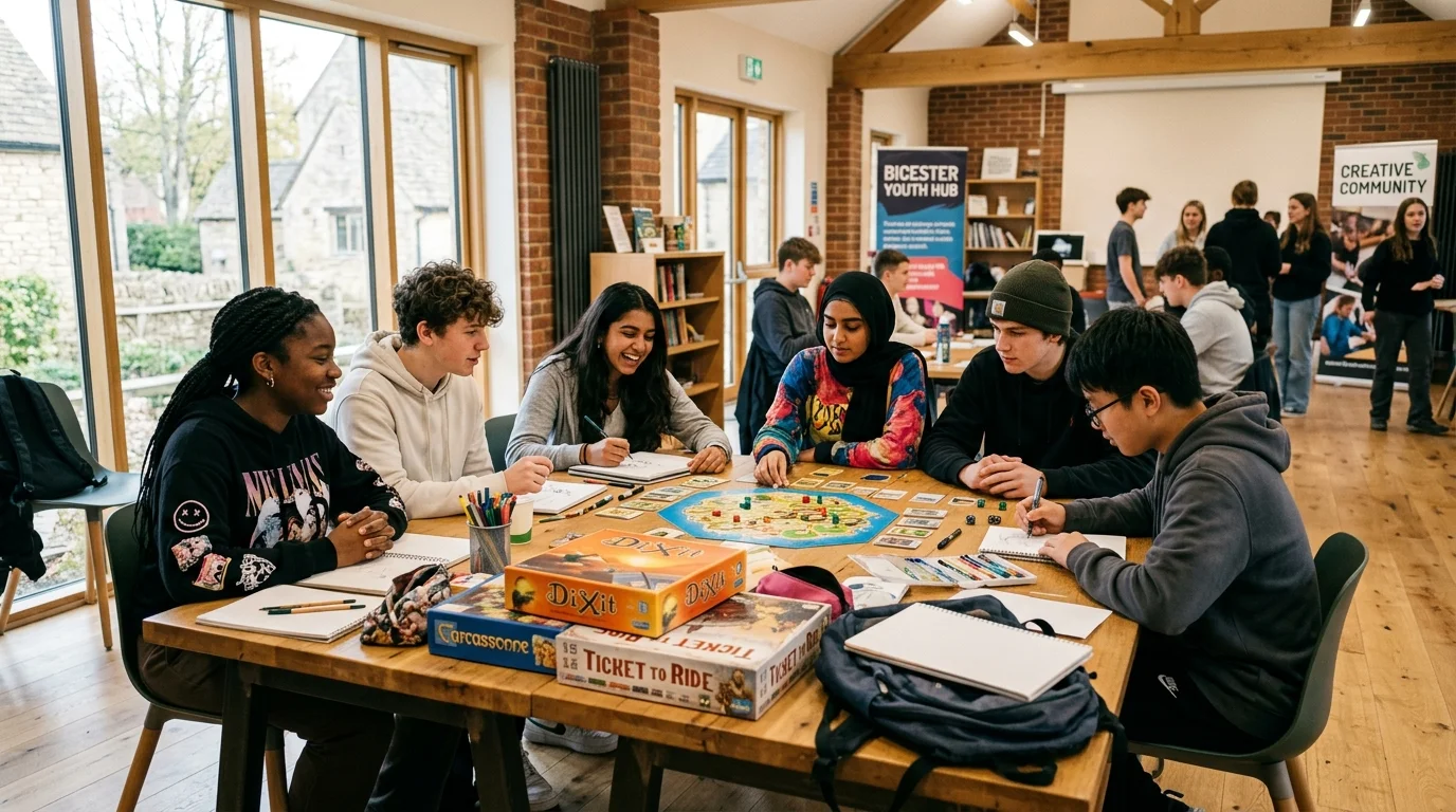 Teenagers at a youth club activity session in a community hall in Bicester
